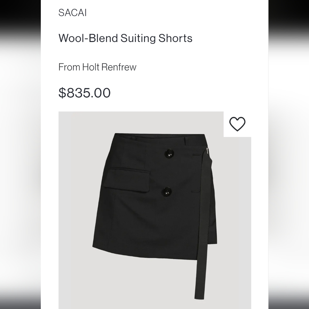 SACAI Tuxedo Wool blend Suiting Shorts! Black. HOLTS US Approx 6/8 US sizing.